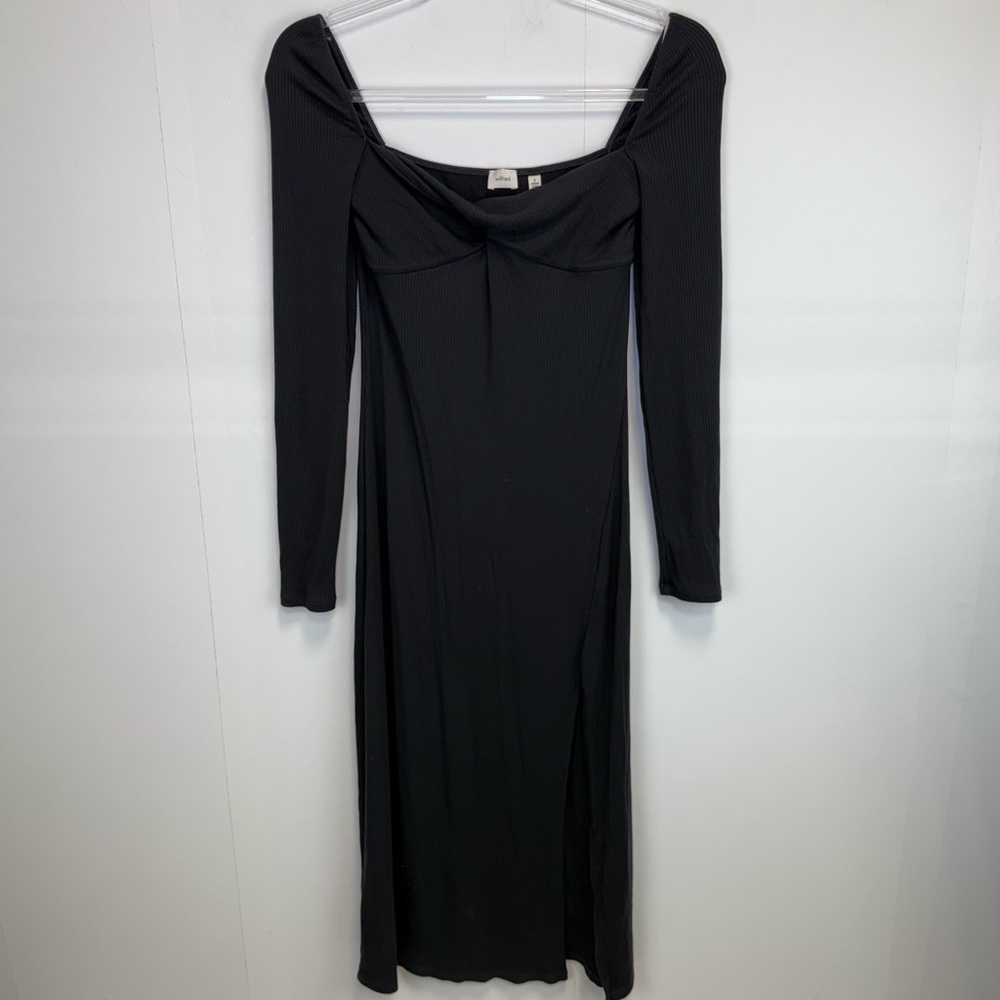 Aritzia Wilfred Ribbed Dress Side Slit Small Vacation Cocktail Black long sleeve